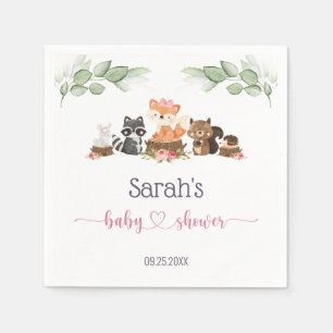 Woodland Animal Greenery Rosa Baby Shower Napkins Pappersservett