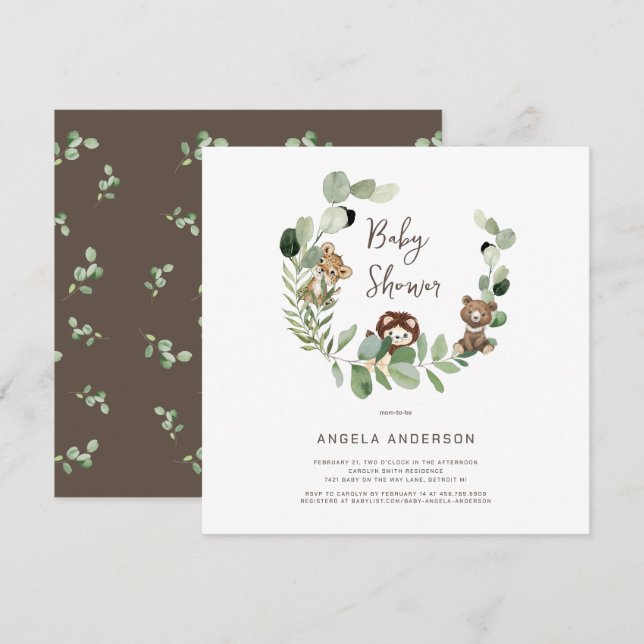 Woodland Animal Kingdom Baby Shower II Square Inbjudningar (Fram/baksida)