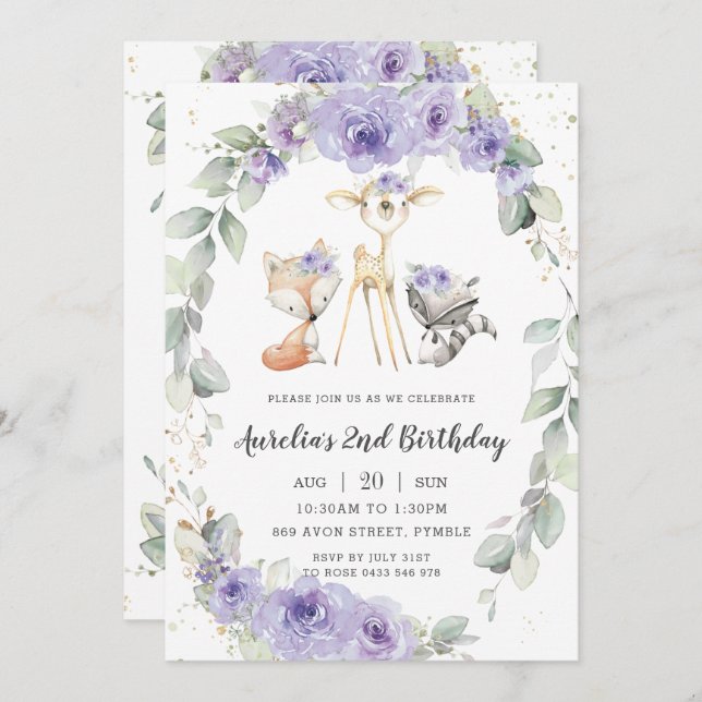 Woodland Animal Lila Blommigt Greenery Birthday Inbjudningar (Fram/baksida)