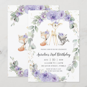 Woodland Animal Lila Blommigt Greenery Birthday Inbjudningar