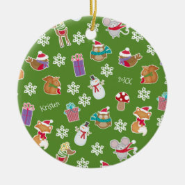Woodland Animal Mönster Grönt God jul Julgransprydnad Keramik