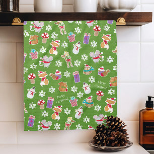 Woodland Animal Mönster Grönt God jul Kökshandduk