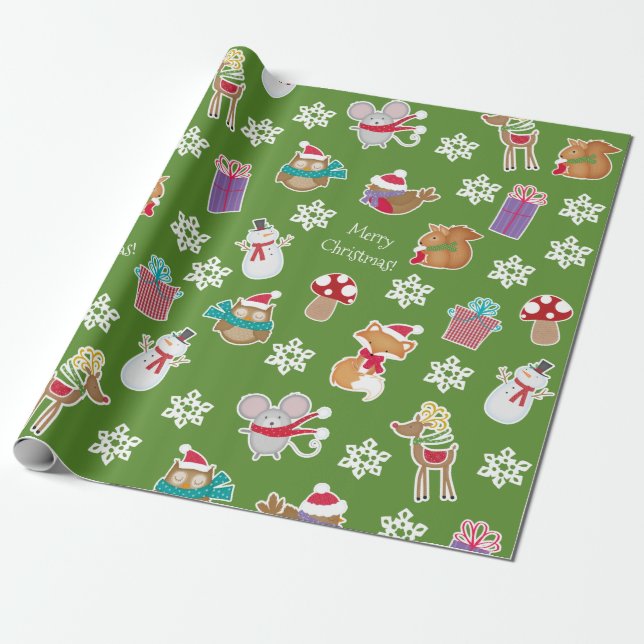 Woodland Animal Mönster Grönt God jul Presentpapper (Utrullad)