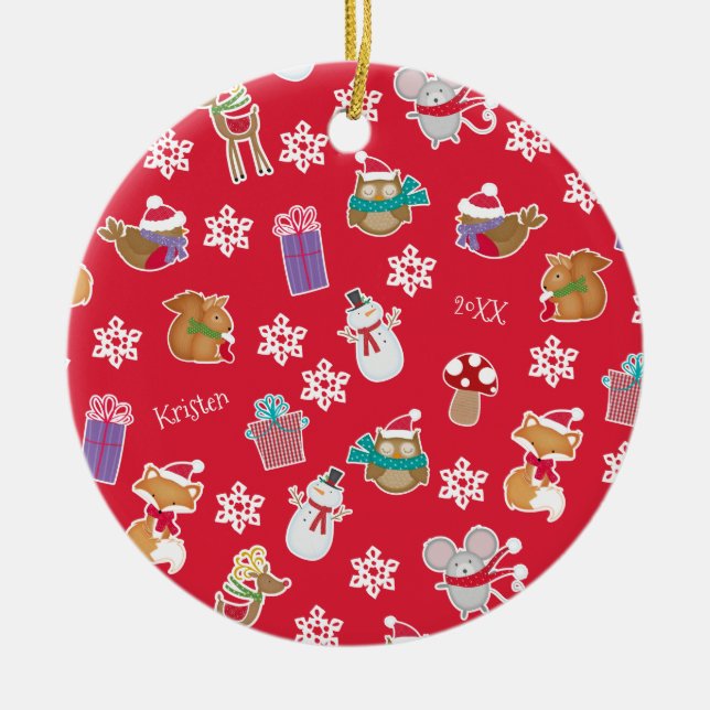 Woodland Animal Mönster Red God jul Julgransprydnad Keramik (Framsidan)