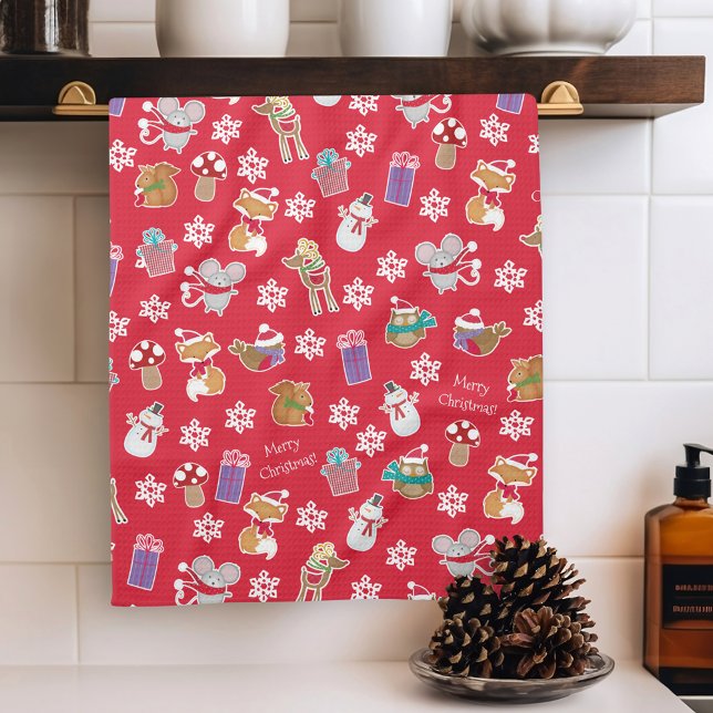 Woodland Animal Mönster Red God jul Kökshandduk (Skapare uppladdad)