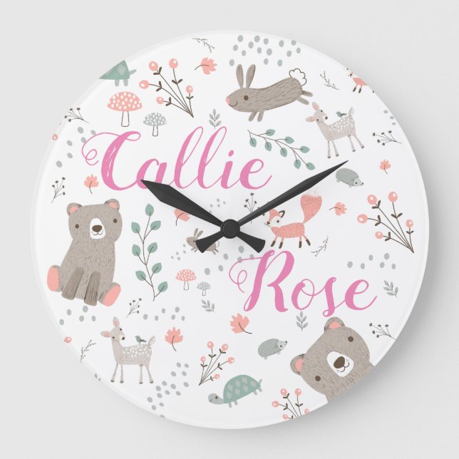 Woodland Animal Nursery Clock Stor Klocka (Framsida)