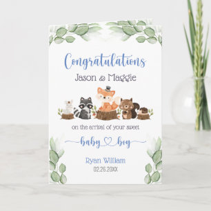 Woodland Animal Nyfödd bebis Boy Blue Grattisar Kort