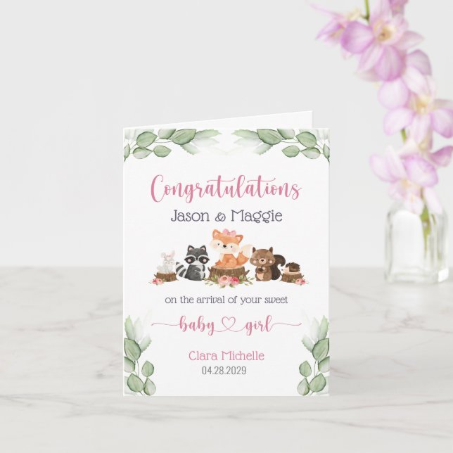 Woodland Animal Nyfödd bebis Girl Grattisar Kort (Orkide)