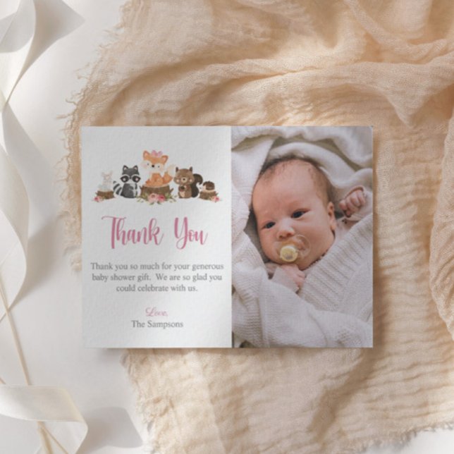 Woodland Animal Rosa Pastel Blommigt Baby Shower Tack Kort (Skapare uppladdad)