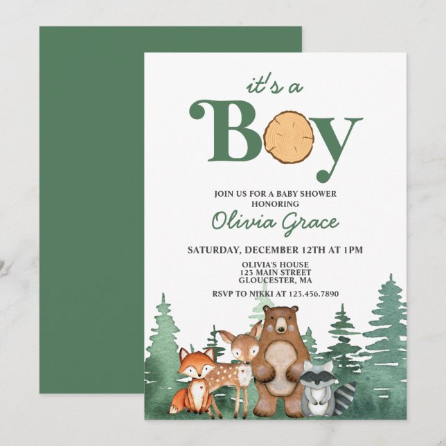 Woodland Animal Skogen Boy Baby Shower Inbjudningar (Fram/baksida)