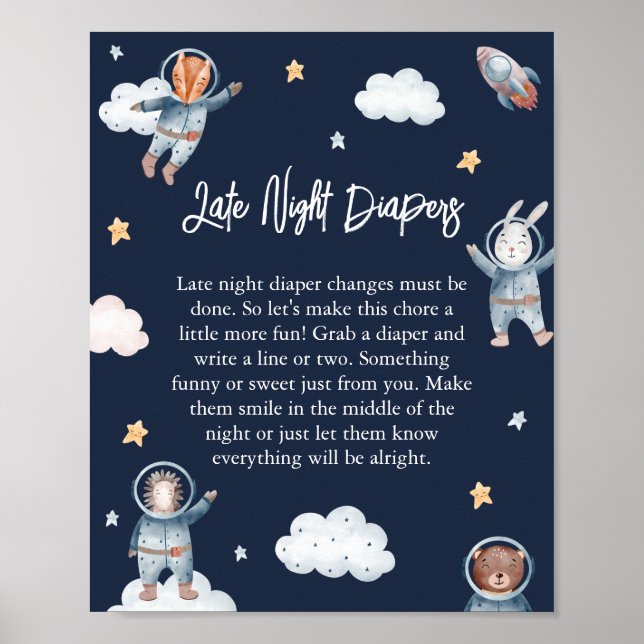 Woodland Animal Space Space Baby "Late Night Diape Poster (Framsidan)