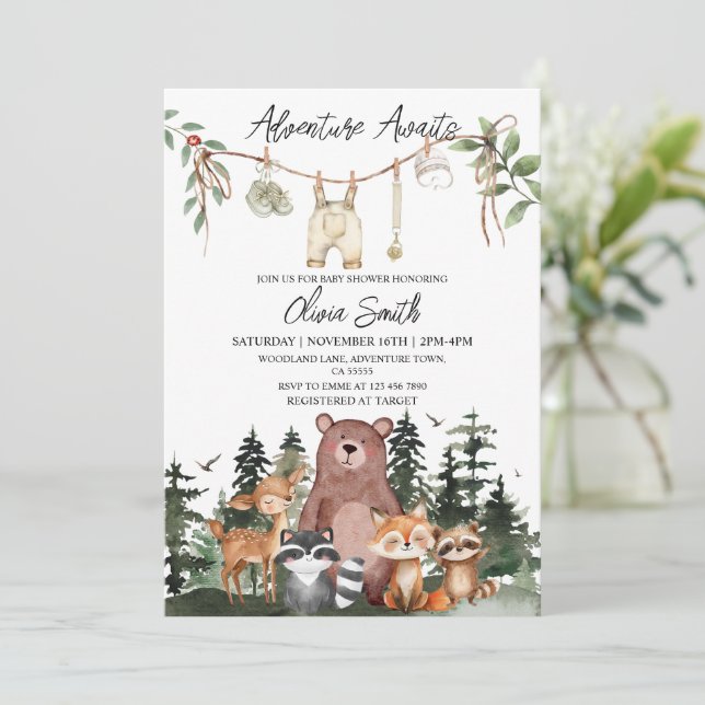 Woodland Animals Adventure Awaits Baby Shower Inbjudningar (Stående Fram)