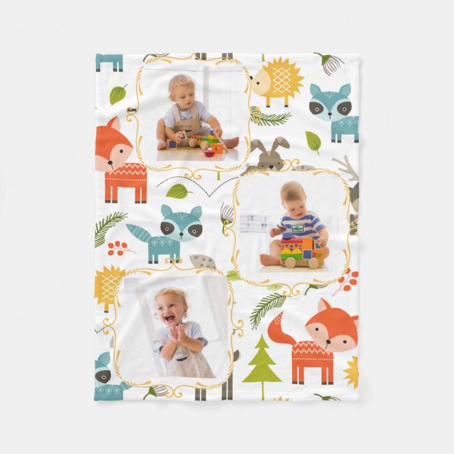 Woodland Animals Anpassningsbar Kids Photos Blanke Fleecefilt (Framsidan)