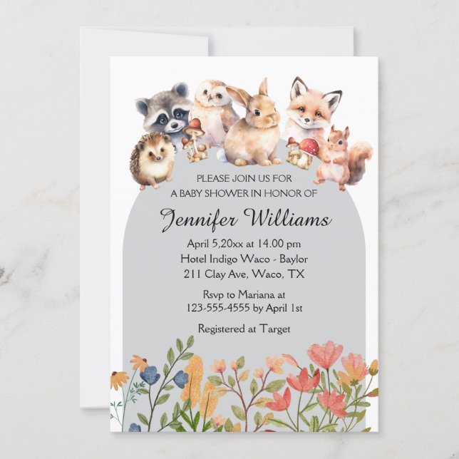 woodland animals arch baby shower invitation anteckningskort (Framsida)