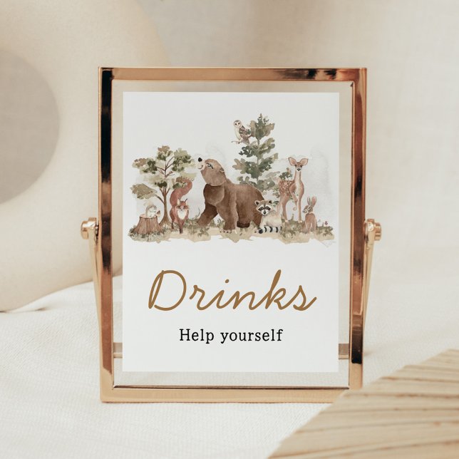 Woodland Animals Äventyr Awaits Drinks Poster (Adventure Awaits Woodland Animals Baby Shower Drinks Sign)