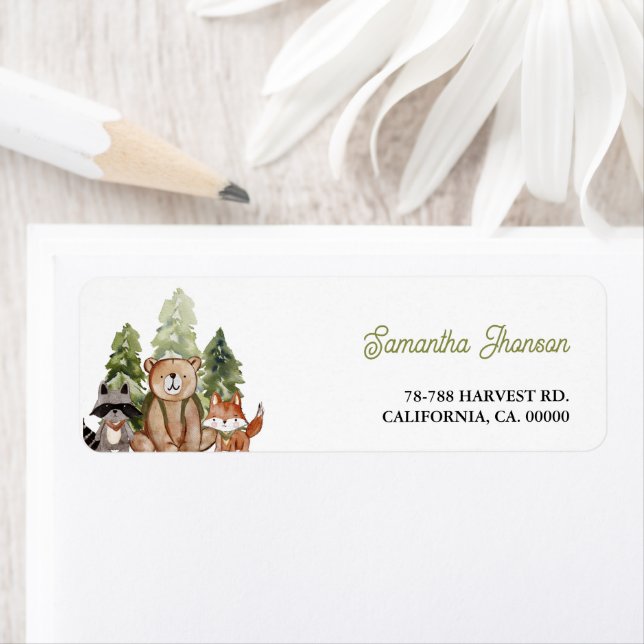 Woodland Animals Äventyr Baby Shower Returadress Etikett (Insitu)
