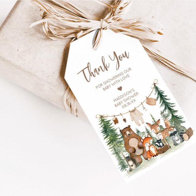 Woodland Animals Äventyr väntar på favoritmärken Presentetikett (Woodland Animals Adventure Awaits Rustic Baby Shower Favor Tags)