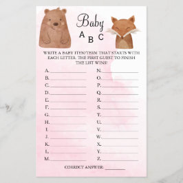 Woodland Animals Baby ABC Shower Game Card Flygblad