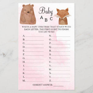 Woodland Animals Baby ABC Shower Game Card Flygblad
