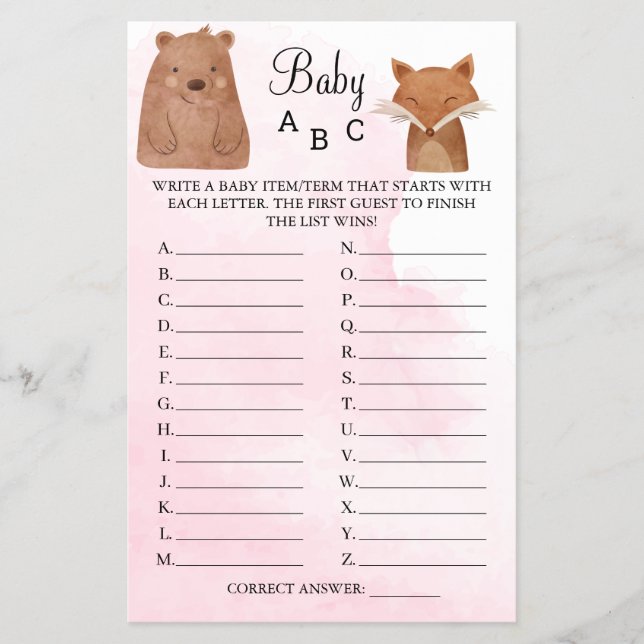 Woodland Animals Baby ABC Shower Game Card Flygblad (Framsidan)