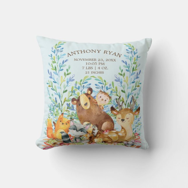 Woodland Animals Baby Birth Stats Pillow Kudde (Framsida)