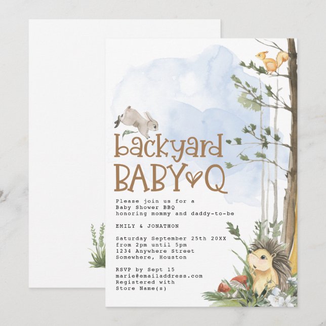 Woodland Animals Baby Q Backyard Baby Shower Inbjudningar (Fram/baksida)