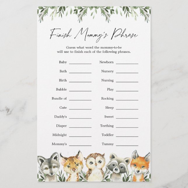 Woodland Animals Baby Shower Avslutar Mamma tackfr (Framsida)