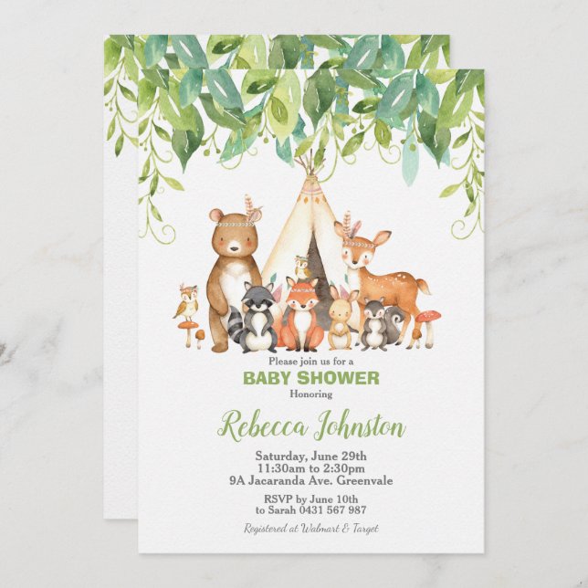 Woodland Animals Baby Shower Forest Greenery Boy Inbjudningar (Fram/baksida)
