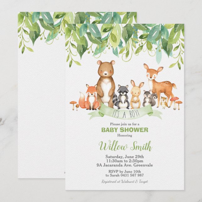 Woodland Animals Baby Shower Forest Greenery Boy Inbjudningar (Fram/baksida)