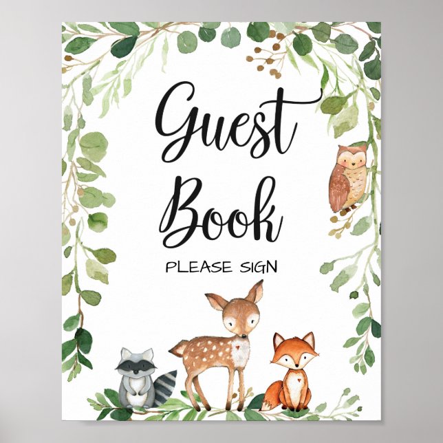 Woodland Animals Baby Shower Guest Bok Sign Poster (Framsidan)