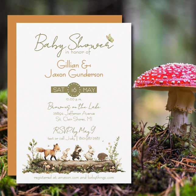 Woodland Animals Baby Shower Inbjudningar (Simply charming woodland animals in the forest baby shower invitation.)