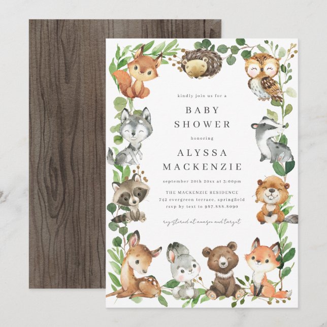 Woodland Animals Baby Shower Invitation Inbjudningar (Fram/baksida)