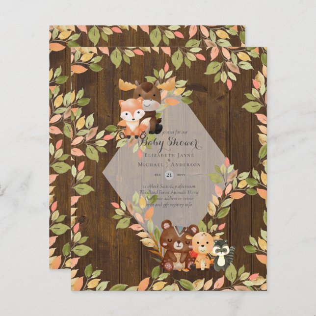 WOODLAND ANIMALS BABY SHOWER INVITATIONS (Fram/baksida)