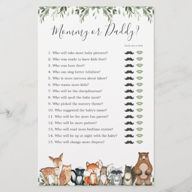 Woodland Animals Baby Shower Mamma eller Pappa Gam (Framsida)
