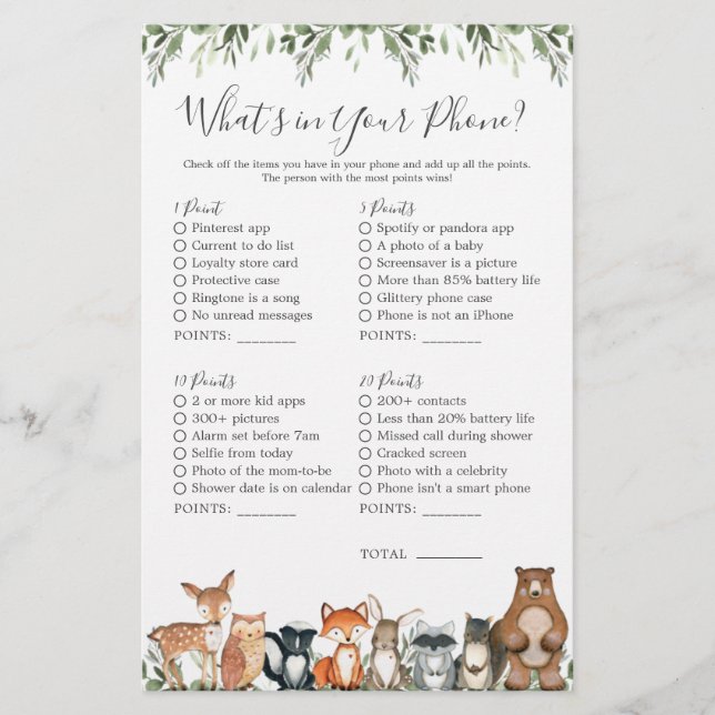 Woodland Animals Baby Shower What's in Your Mobil (Framsida)