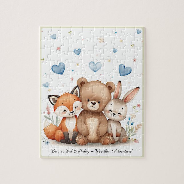 Woodland Animals Bear Fox Bunny Blue Hearts Pussel (Vertikal)