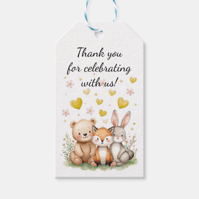 Woodland Animals Birthday Bear Fox Bunny Yellow Presentetikett (Framsidan)