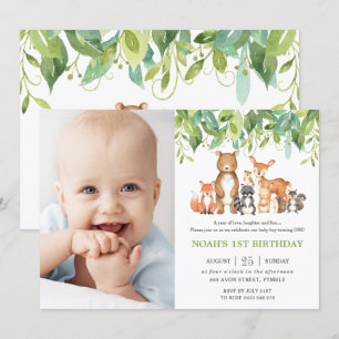 Woodland Animals Birthday Forest Greenery Photo Inbjudningar