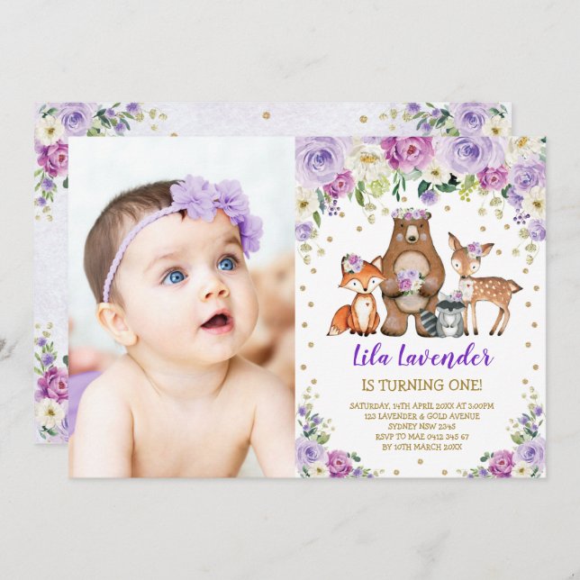 Woodland Animals Birthday Lavender Lila Blommigt Inbjudningar (Fram/baksida)