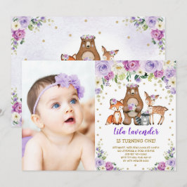Woodland Animals Birthday Lavender Lila Blommigt Inbjudningar