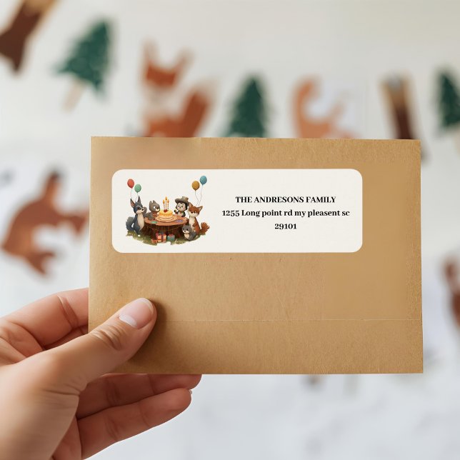 "Woodland Animals Birthday Returadress Etikett (Skapare uppladdad)