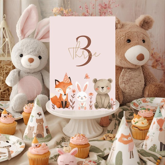 Woodland Animals Birthday Rosa Rustic Bordsnummer (Skapare uppladdad)