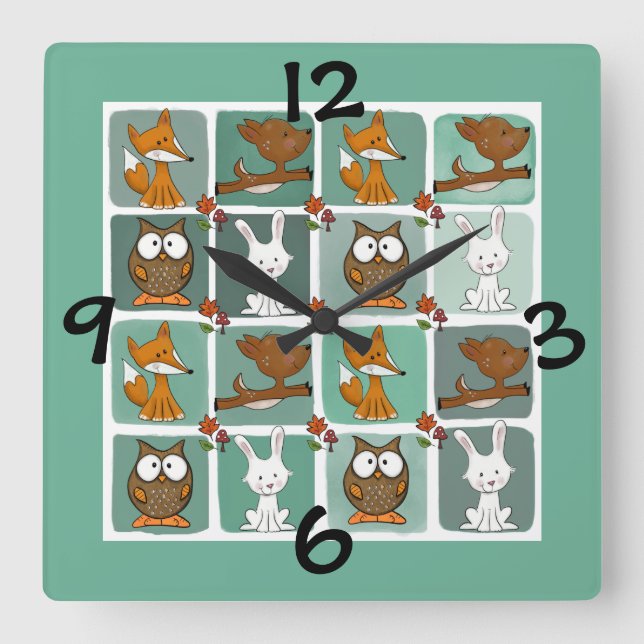 Woodland Animals Block Mönster Fyrkantig Klocka (Framsida)