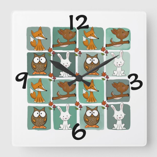 Woodland Animals Block Mönster Fyrkantig Klocka (Framsida)