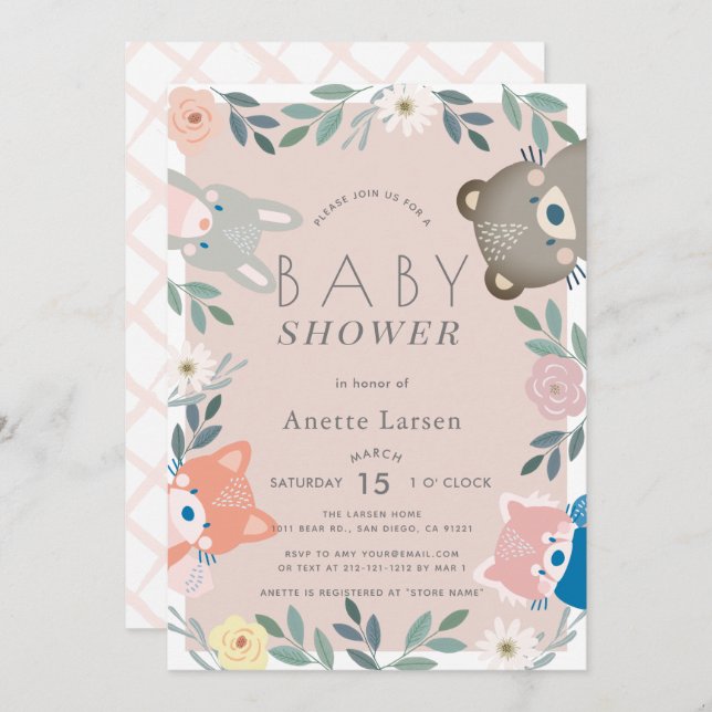 Woodland Animals Blommigt Rosa Girl Baby Shower Inbjudningar (Fram/baksida)