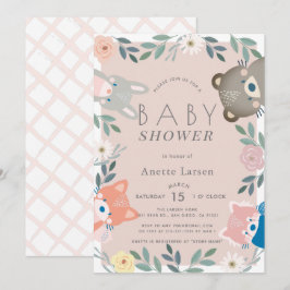 Woodland Animals Blommigt Rosa Girl Baby Shower Inbjudningar