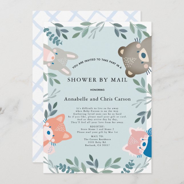 Woodland Animals Blue Boy Baby Shower by Mail Inbjudningar (Fram/baksida)