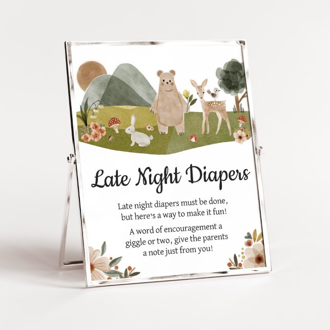 Woodland Animals Boho Late Night Diaper Poster (Gender Neutral Boho Baby Shower Late Night Diapers Sign)