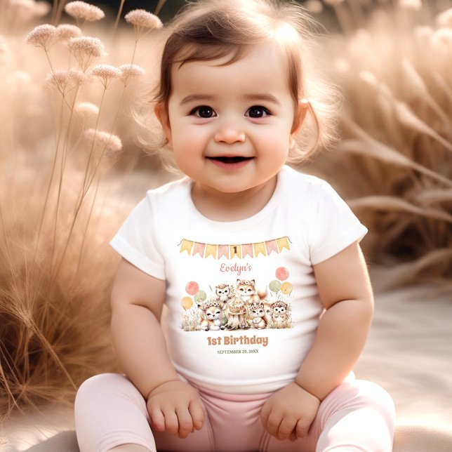 Woodland Animals Boho Namn Girl 1:a födelsedagen T Shirt (Woodland Animals Boho Name Girl 1st Birthday Baby T-Shirt)