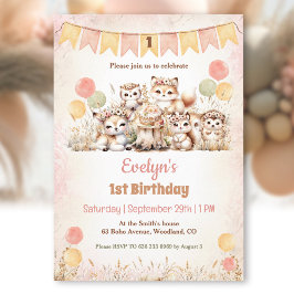 Woodland Animals Boho Pastel Girl 1st Birthday Inbjudningar